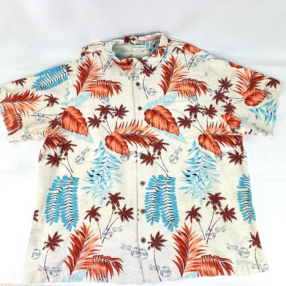 Dillards Caribbean 100% silk Hawaiian shirt Big & Tall 2XB button down casual